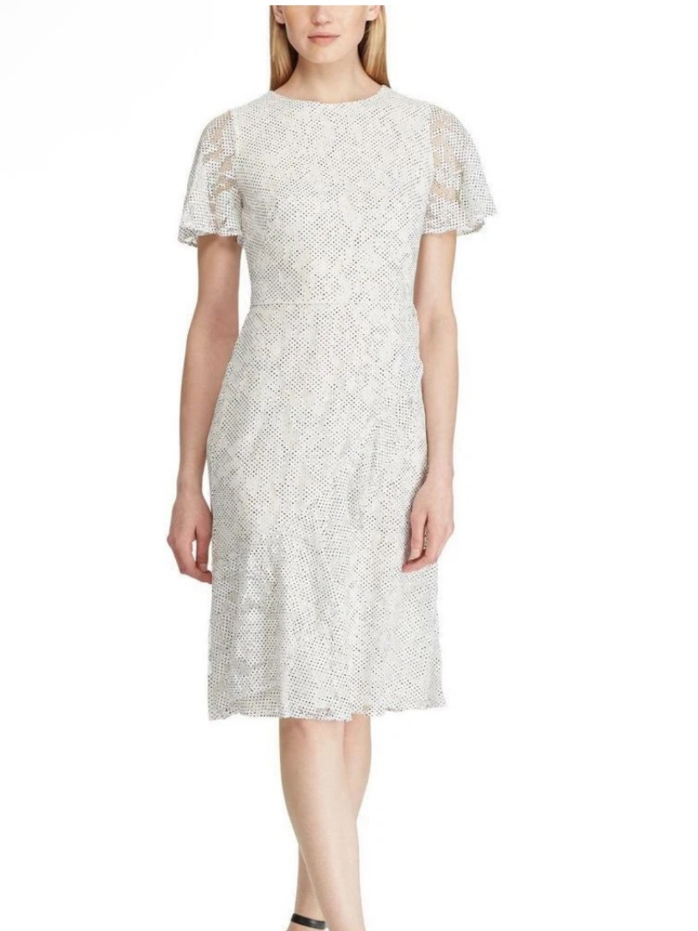 Ralph Lauren Black & White Floral Lace Polka Dot Short Sleeve Midi Dress